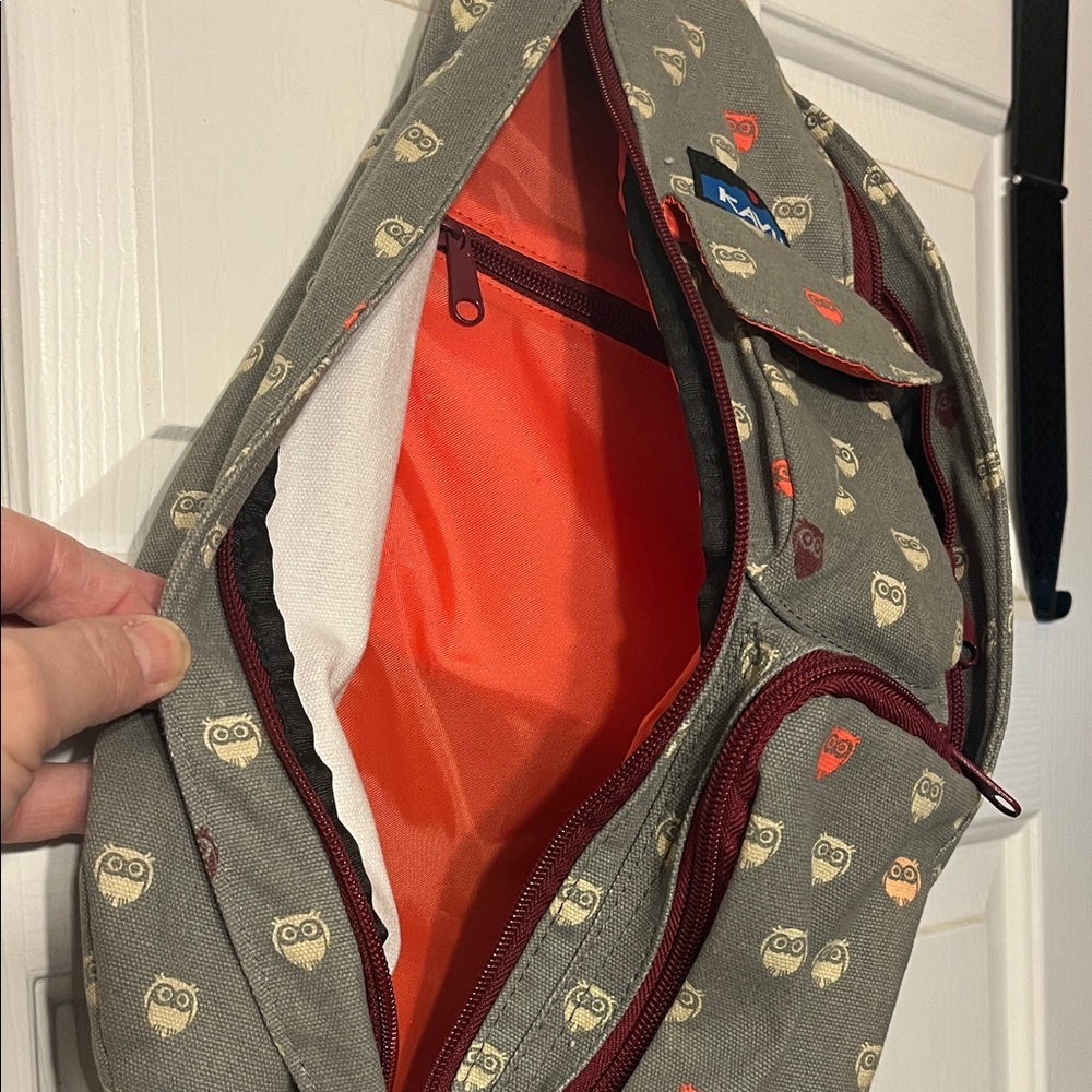 Kavu Olive Owl Print Sling Bag with Red Accents - Picture 2 of 4